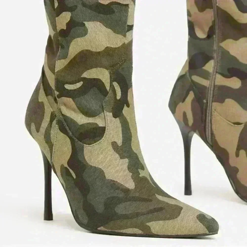 NWT HORSESHOE POINTY TOE STILETTO HEEL MID CALF WESTERN COWBOY CAMO PRINT/ARMY - Picture 2 of 4